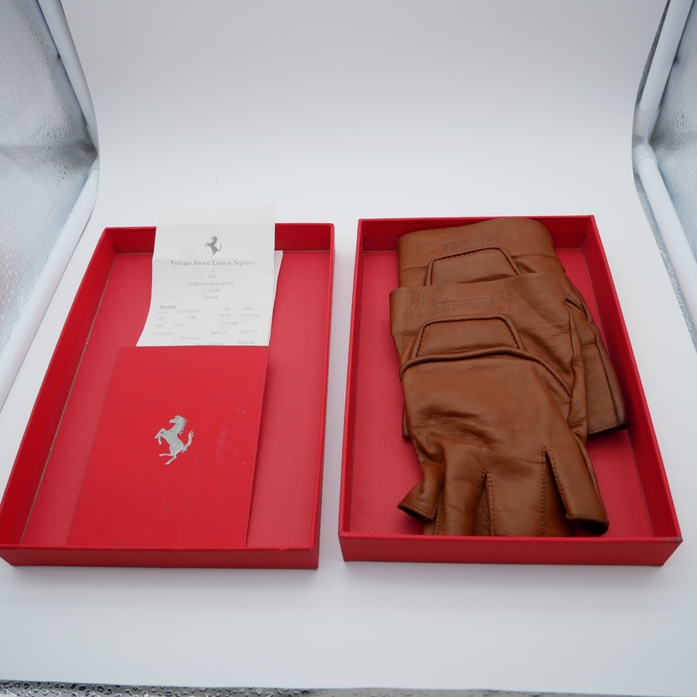 Ferrari Tan Leather Fingerless Driving Gloves Made in Italy XL with Box